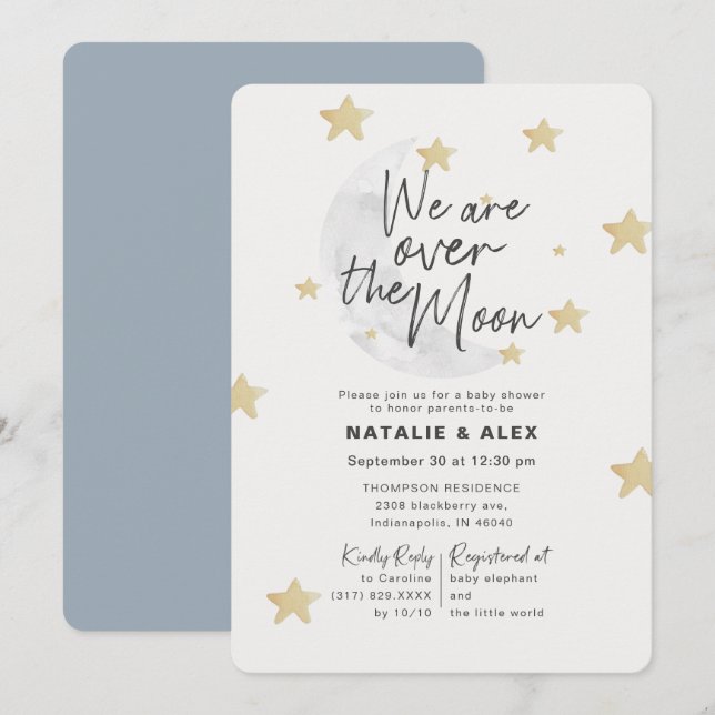 Invitation Sur la lune et les étoiles Baby shower garçon (Devant / Derrière)