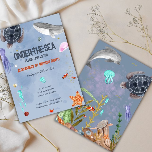 Invitation Sur la mer Océan Animaux 1er anniversaire (Créateur téléchargé)