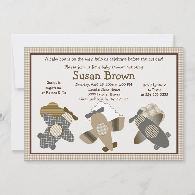 Invitation sur le Baby shower des avions En vichy  (Devant)
