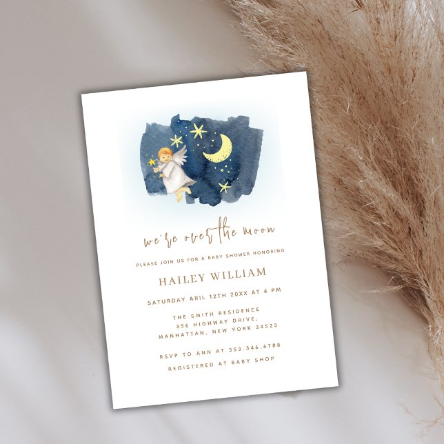 Invitation Sur le Baby shower Moon Angel Moon Star (Over The Moon Angel Moon Star Baby Shower Invitation)