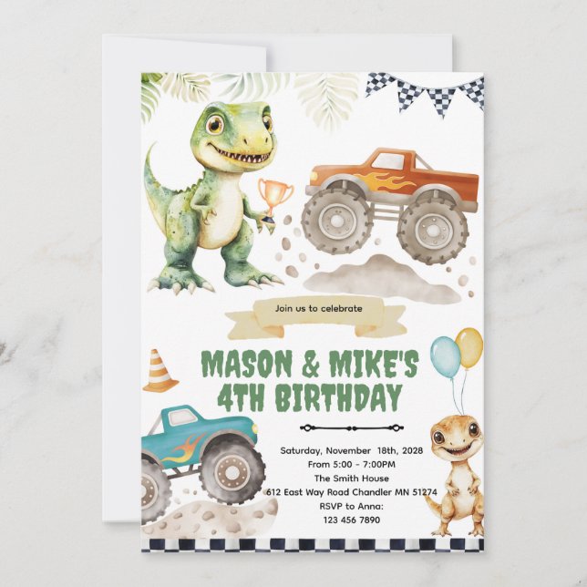 Invitation sur le thème des dinosaures de camion m (Devant)