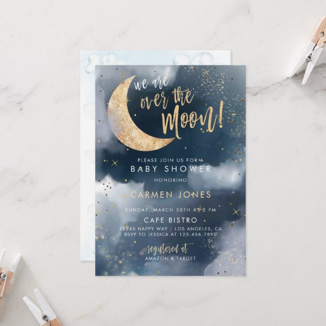 Invitation Sur l'Invitation du Baby shower de la Lune, Blue C (Devant/Arrière en situation)