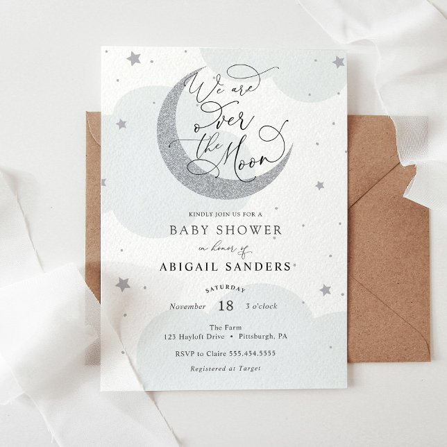Invitation Sur l'invitation Moon Silver Blue Baby shower (Créateur téléchargé)
