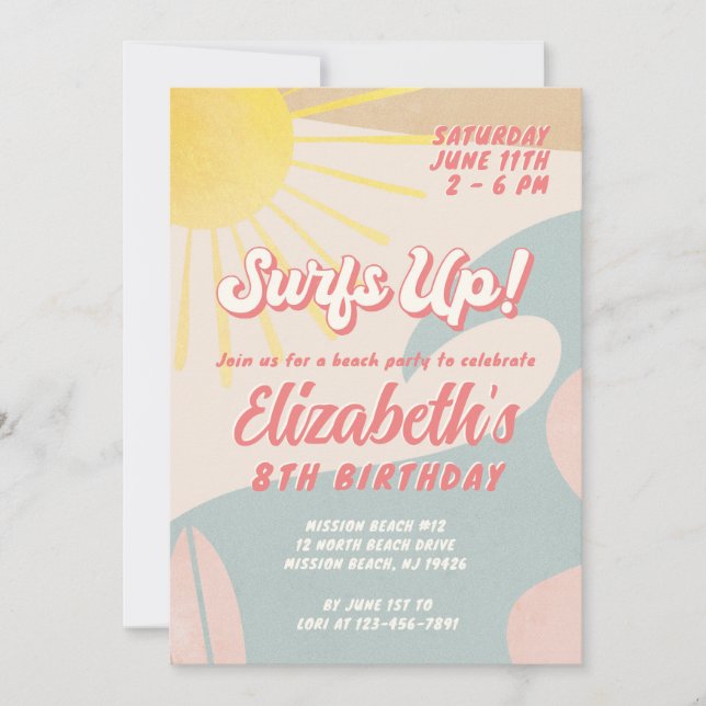 Invitation Surf À L'Invitation D'Anniversaire Toute Fille D'Â (Devant)