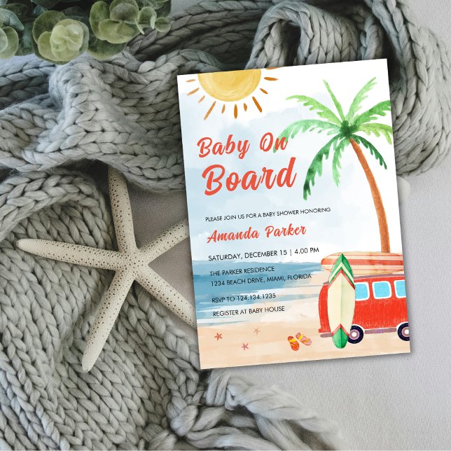 Invitation Surf Beach Bébé À Bord Baby shower (Surf Beach Baby On Board Baby Shower Invitation)