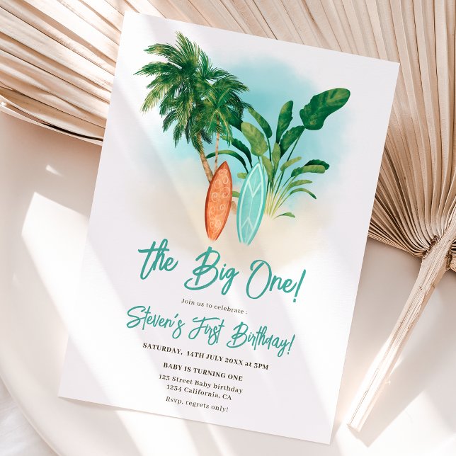 Invitation Surf de plage tropicale le grand un anniversaire (Tropical beach surf board the big one birthday invitation)