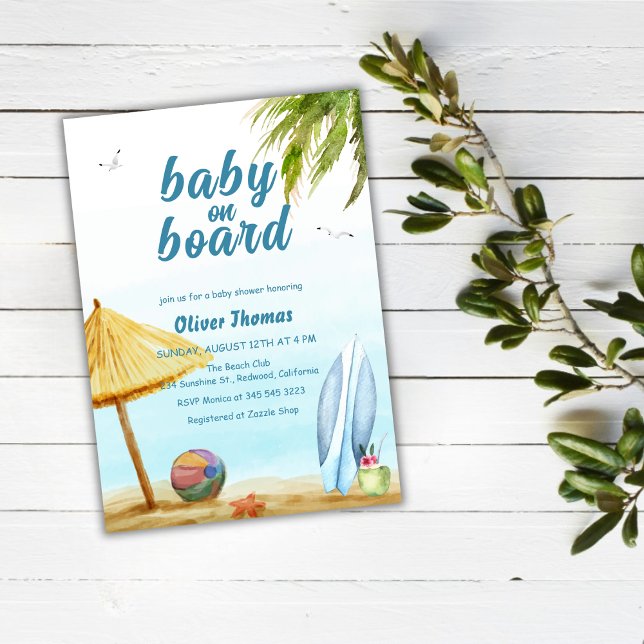Invitation Surf D'Été Plage Bébé À Bord Baby shower (Summer Surf Beach Baby On Board Baby Shower Invitation)