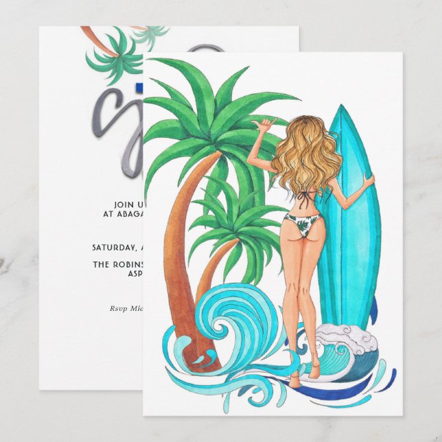 Invitation Surf d'été Plage vacances Anniversaire Fête (Devant / Derrière)
