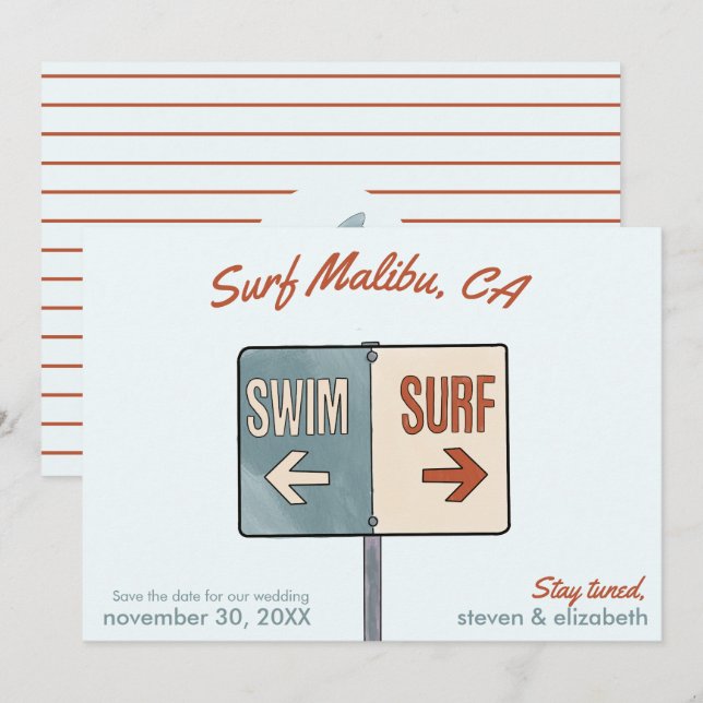 Invitation Surf Enregistrer La Date, Malibu, Californie (Devant / Derrière)