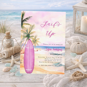 Invitation Surf plage surf de plage rose fille fête d'anniver