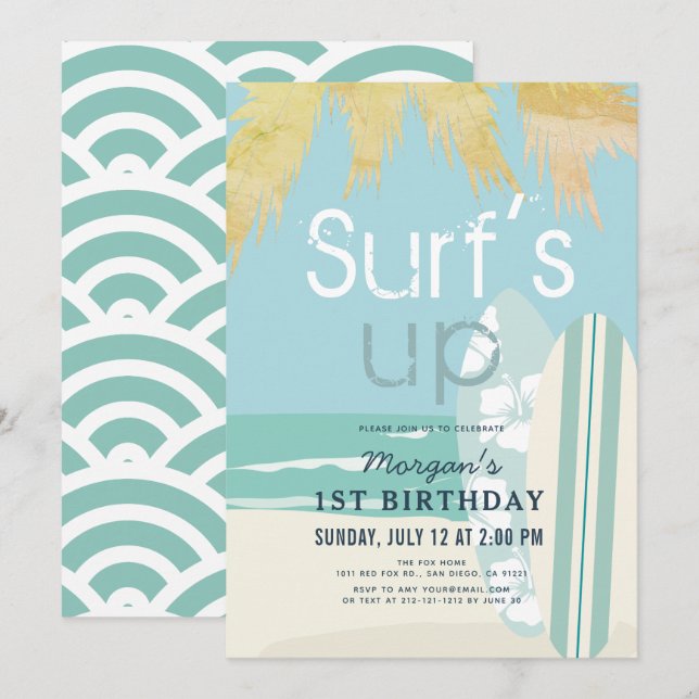 Invitation Surf Up Boy Surfboards Plage 1er anniversaire (Devant / Derrière)