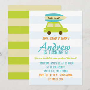 Invitation Surf Up/Green and Blue Stripes/Anniversaire