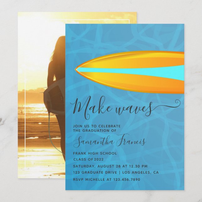 Invitation Surfer Beach thème Graduate Party Photo (Devant / Derrière)