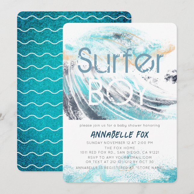 Invitation Surfer Boy Blue Wave Splash Baby shower de surf (Devant / Derrière)