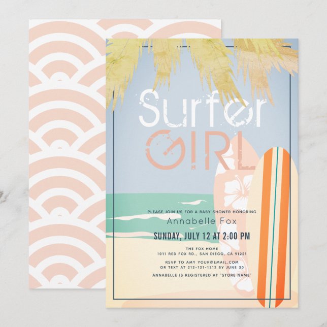 Invitation Surfer Girl Surfboards Baby shower de plage (Devant / Derrière)