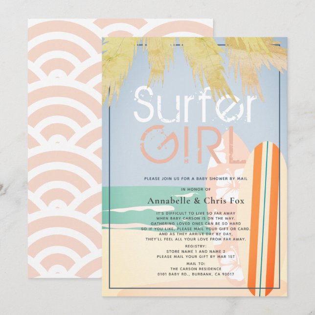Invitation Surfer Girl Surfboards Baby shower de plage par co (Devant / Derrière)