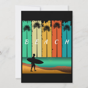 INVITATION SURFEUR DE PLAGE VINTAGE SURFANT PALMIERS