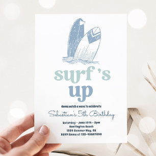 Invitation Surfs Up Moderne Surboard Plage Anniversaire