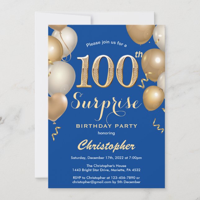 Invitation Surprise 100e anniversaire Ballons bleu et or (Devant)