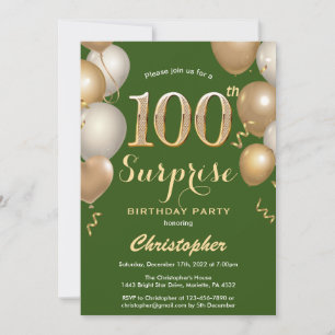 Invitation Surprise 100e anniversaire Ballons vert et or