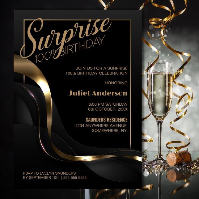 Invitation Surprise 100e anniversaire Black Gold Party (Créateur téléchargé)