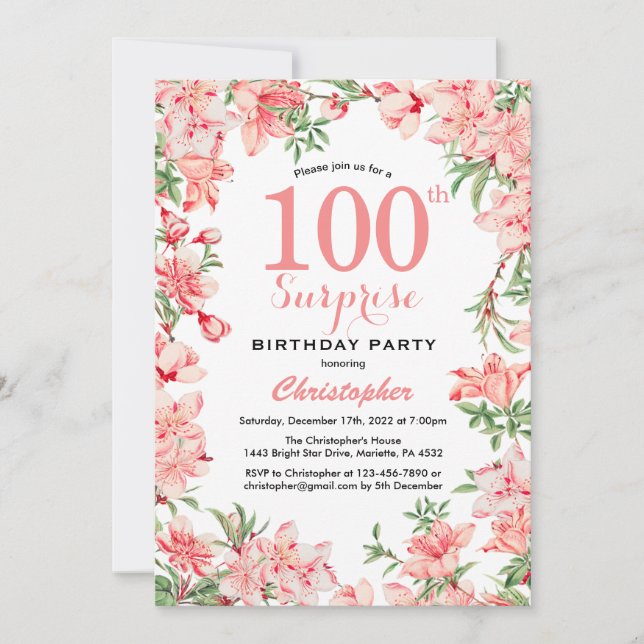 Invitation Surprise 100e anniversaire Boho rose botanique flo (Devant)
