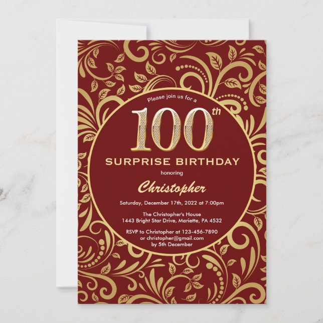 Invitation Surprise 100e anniversaire Bourgogne Rouge & Or Fl (Devant)