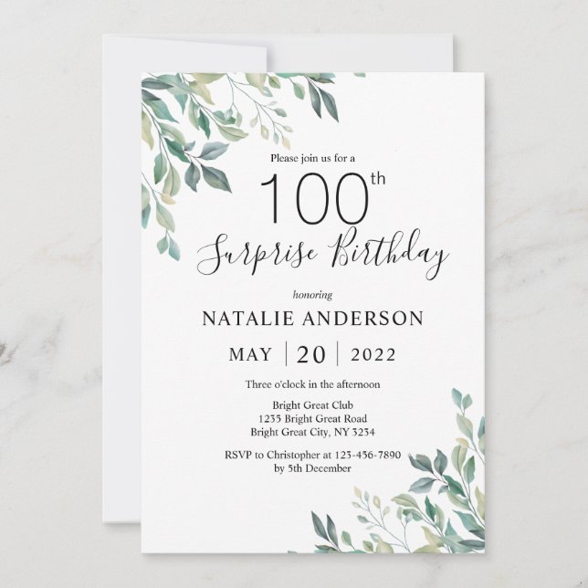 Invitation Surprise 100e anniversaire Green Eucalyptus verdur (Devant)