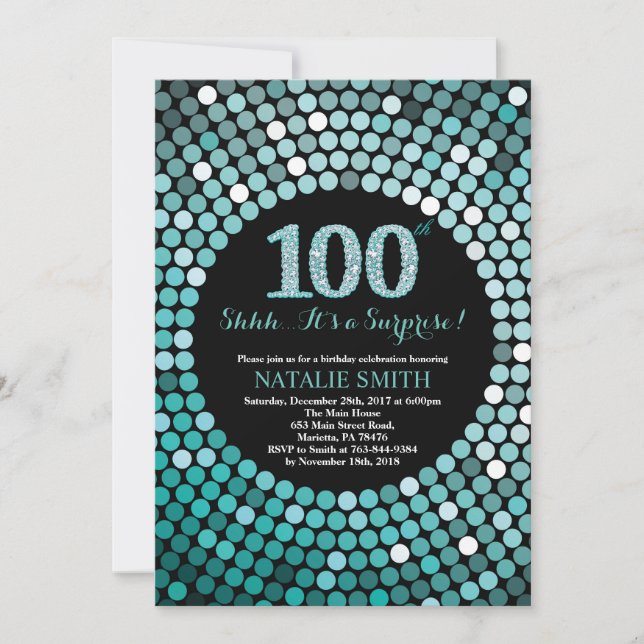 Invitation Surprise 100e anniversaire Parties scintillant noi (Devant)