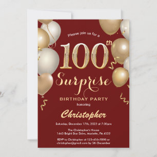 Invitation Surprise 100e anniversaire Sombre Rouge et Ballons