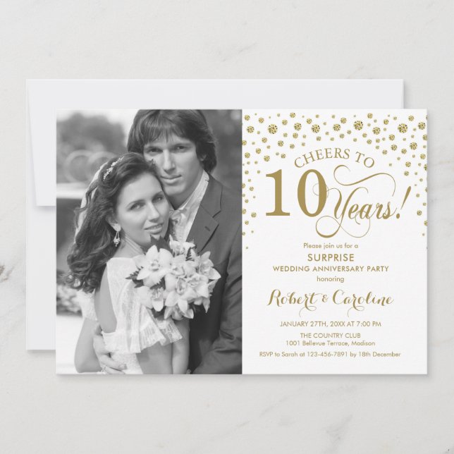 Invitation Surprise 10e Anniversaire avec Photo Or Blanc (Devant)