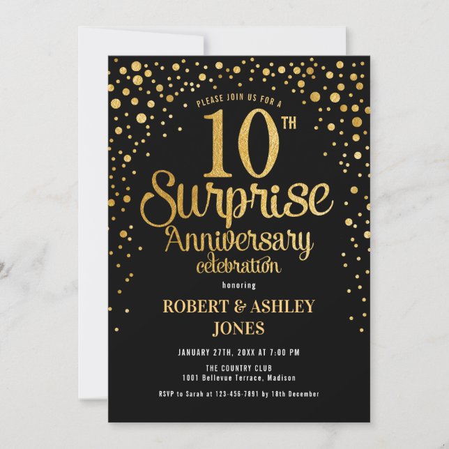 Invitation Surprise 10e anniversaire de mariage - Noir & Or (Devant)