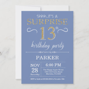 Invitation surprise 13e anniversaire Bleu et or