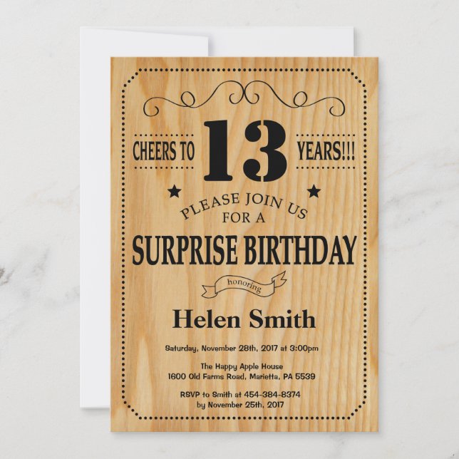 Invitation Surprise 13e anniversaire Bois rustique (Devant)