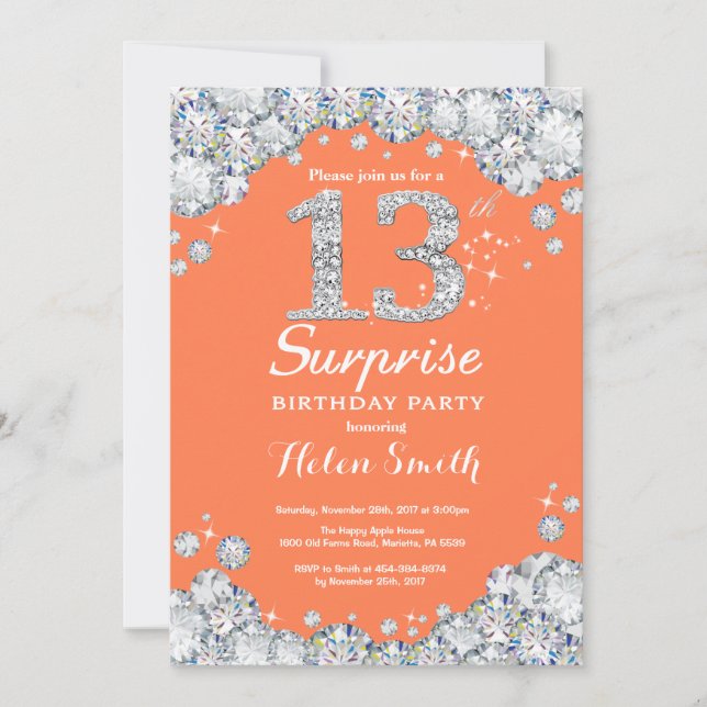 Invitation Surprise 13e anniversaire Coral et Silver Diamond (Devant)