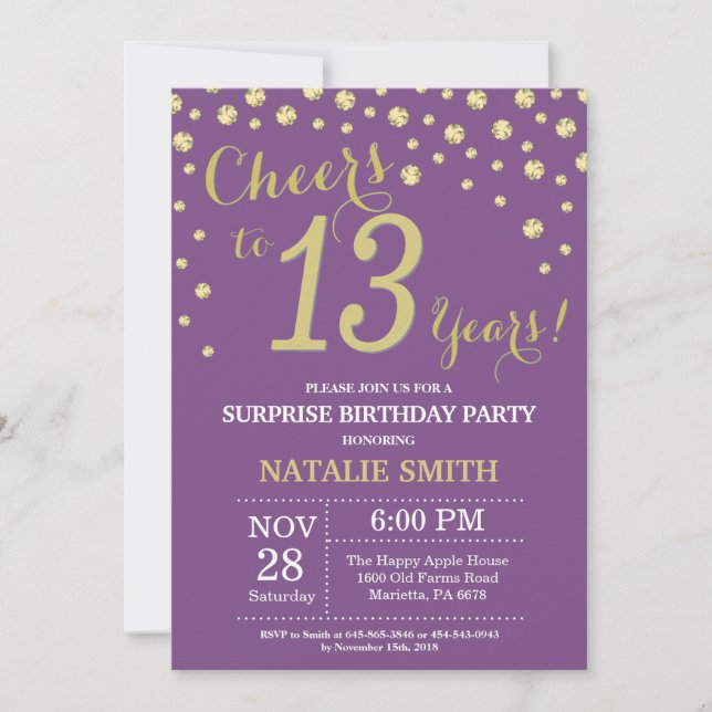 Invitation Surprise 13e anniversaire Diamant violet et or (Devant)