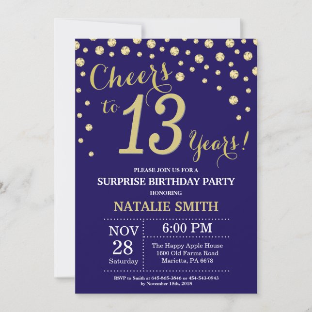 Invitation Surprise 13e anniversaire Marine Bleu et Diamant O (Devant)