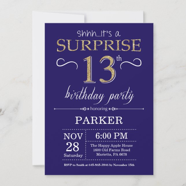 Invitation Surprise 13e anniversaire Marine Blue and Gold Par (Devant)