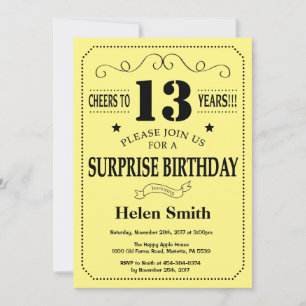 Invitation Surprise 13e anniversaire Noir et Jaune