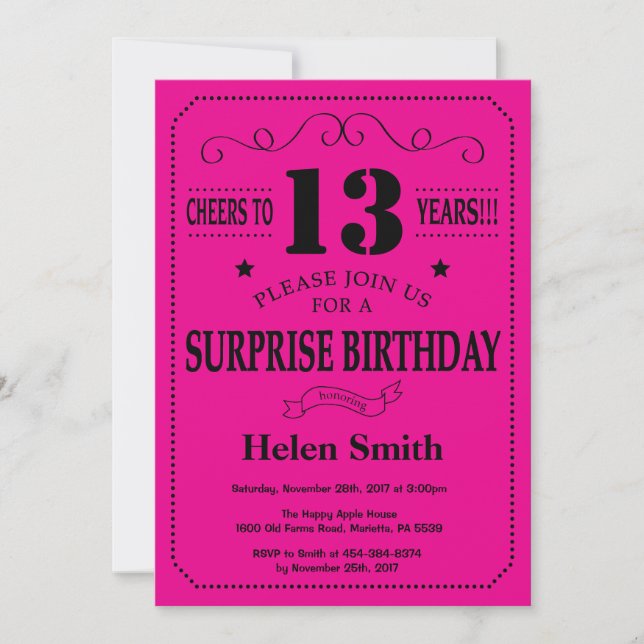 Invitation Surprise 13e anniversaire Noir et rose chaud (Devant)