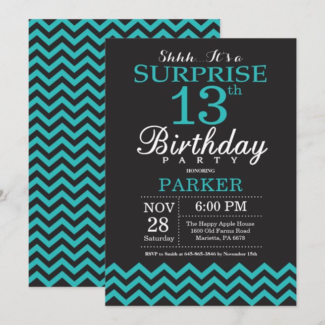 Invitation surprise 13e anniversaire Noir et Turqu (Devant / Derrière)