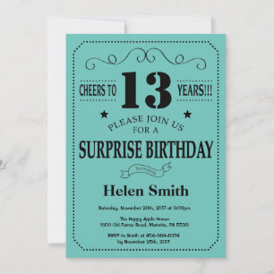 Invitation Surprise 13e Anniversaire Noir et Turquoise
