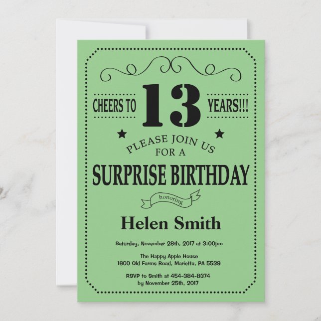 Invitation Surprise 13e anniversaire Noir et Vert (Devant)
