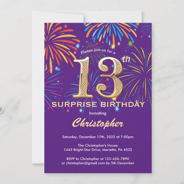 Invitation Surprise 13e anniversaire Purple and Gold Firework (Devant)