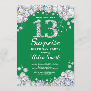 Invitation Surprise 13e anniversaire Vert et Diamant d'argent