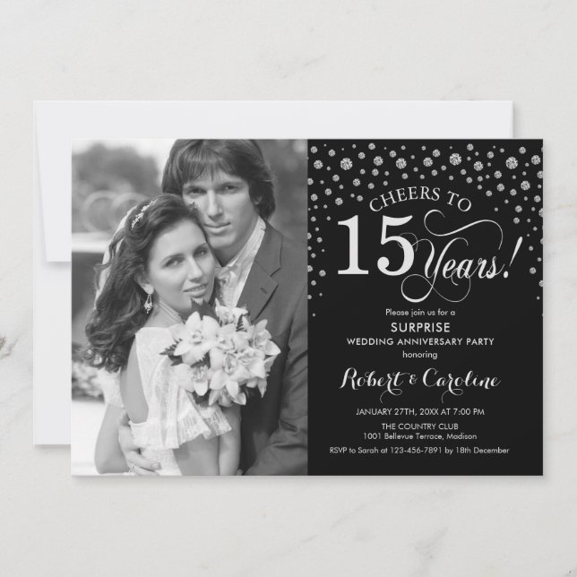 Invitation Surprise 15e Anniversaire avec Photo Argent Noir (Devant)