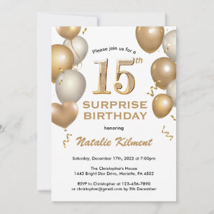 Invitation Surprise 15e anniversaire Ballons blanc et or
