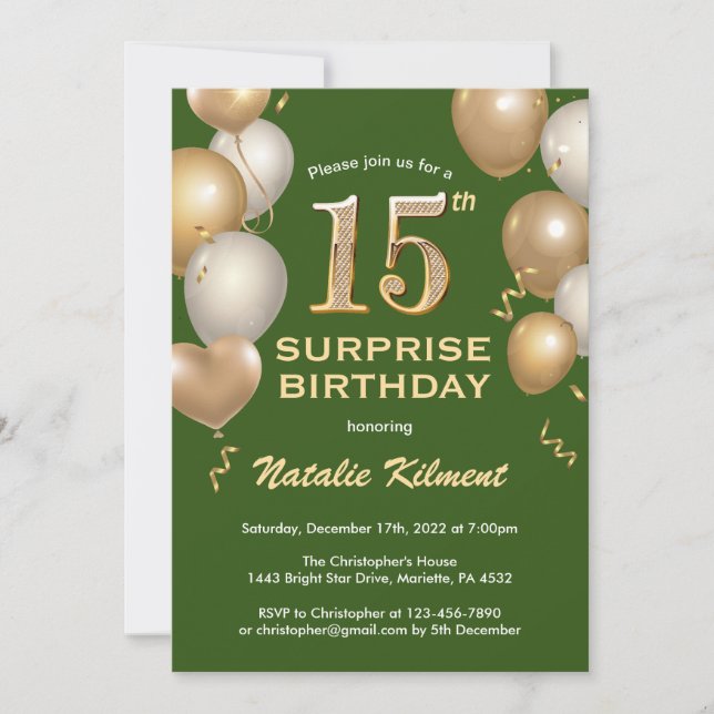 Invitation Surprise 15e anniversaire Ballons vert et or (Devant)