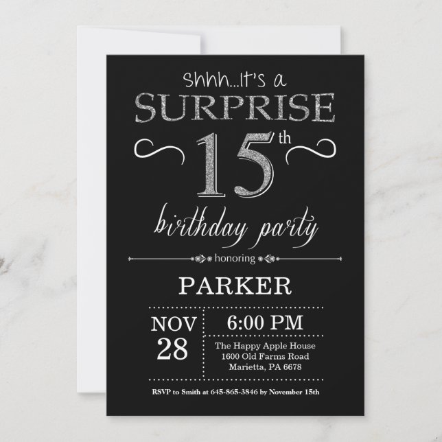 Invitation surprise 15e anniversaire Black and Sil (Devant)