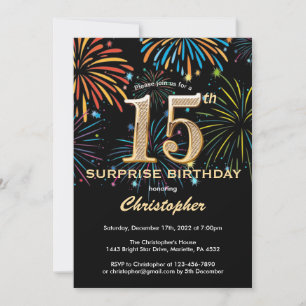 Invitation Surprise 15e anniversaire Black Gold Rainbow Firew